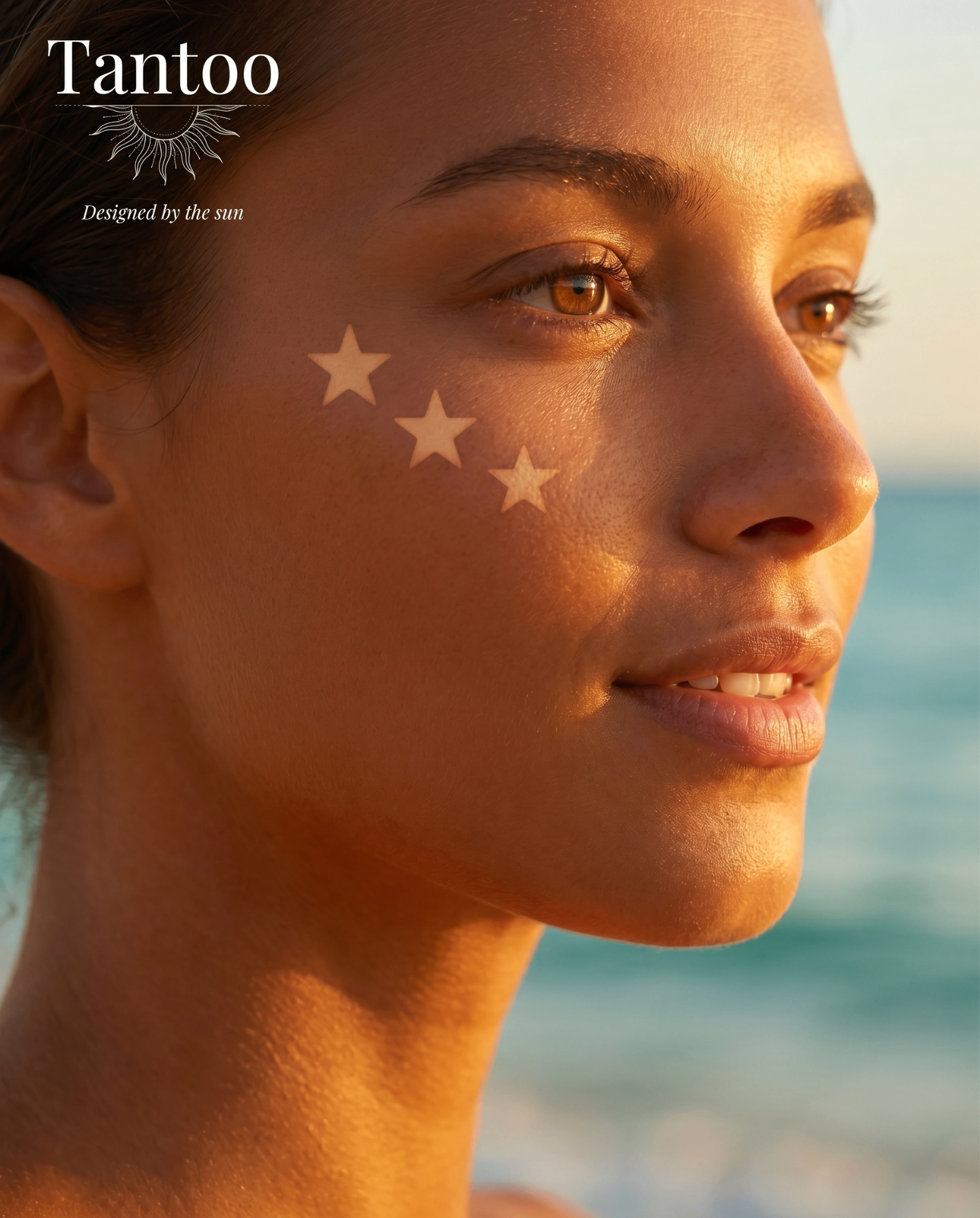 Sun tattoo on tanned skin